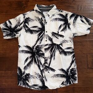 Distortion Hawaiian Shirt Palm Tree Print ‎ White/Black Cotton Size Medium